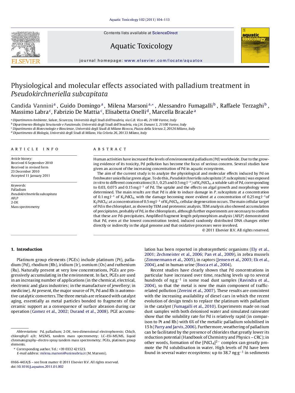 Physiological and molecular effects associated with palladium treatment in Pseudokirchneriella subcapitata