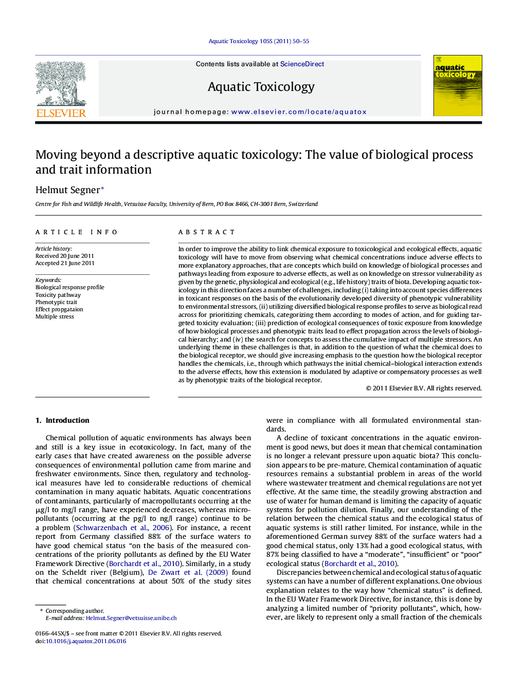 Moving beyond a descriptive aquatic toxicology: The value of biological process and trait information