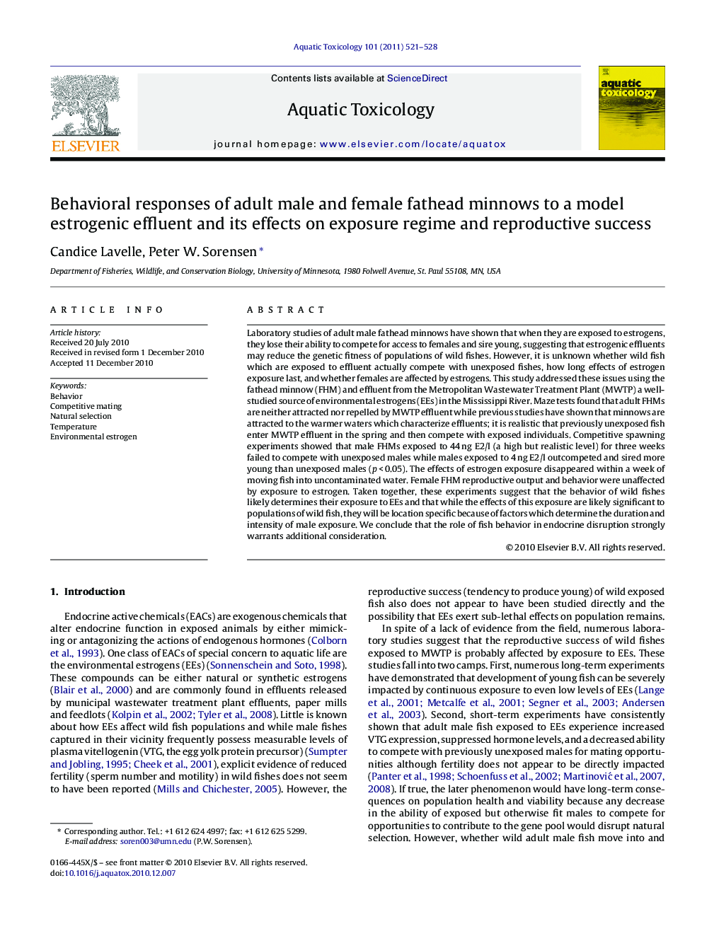 Behavioral responses of adult male and female fathead minnows to a model estrogenic effluent and its effects on exposure regime and reproductive success