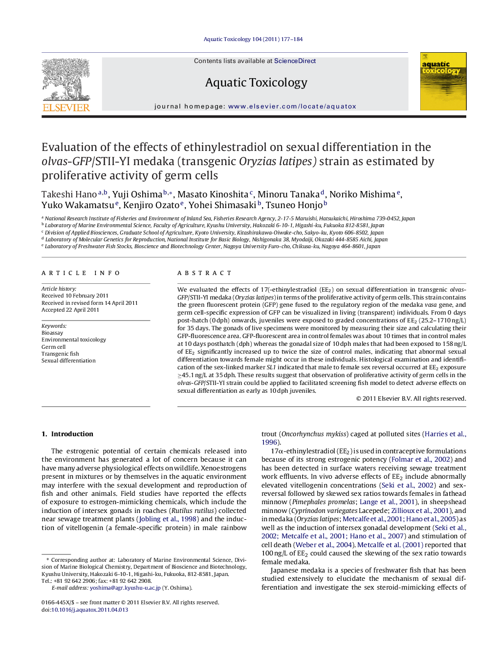 Evaluation of the effects of ethinylestradiol on sexual differentiation in the olvas-GFP/STII-YI medaka (transgenic Oryzias latipes) strain as estimated by proliferative activity of germ cells