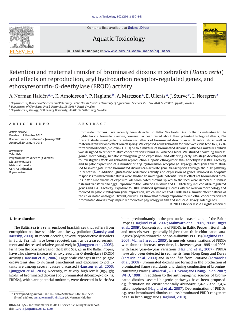 Retention and maternal transfer of brominated dioxins in zebrafish (Danio rerio) and effects on reproduction, aryl hydrocarbon receptor-regulated genes, and ethoxyresorufin-O-deethylase (EROD) activity