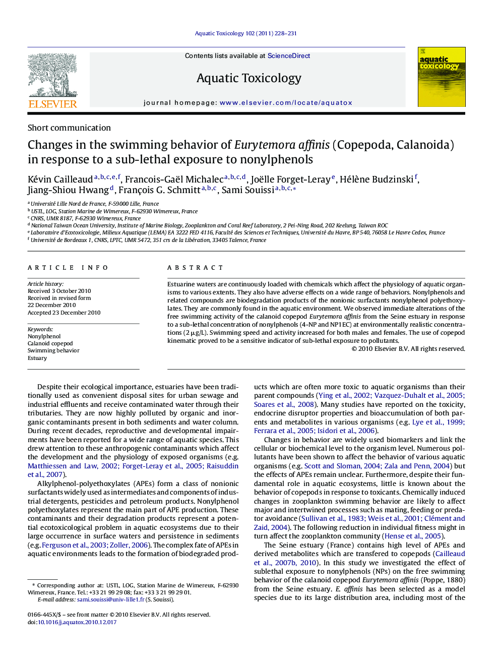 Changes in the swimming behavior of Eurytemora affinis (Copepoda, Calanoida) in response to a sub-lethal exposure to nonylphenols