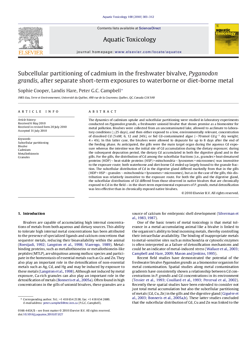 Subcellular partitioning of cadmium in the freshwater bivalve, Pyganodon grandis, after separate short-term exposures to waterborne or diet-borne metal