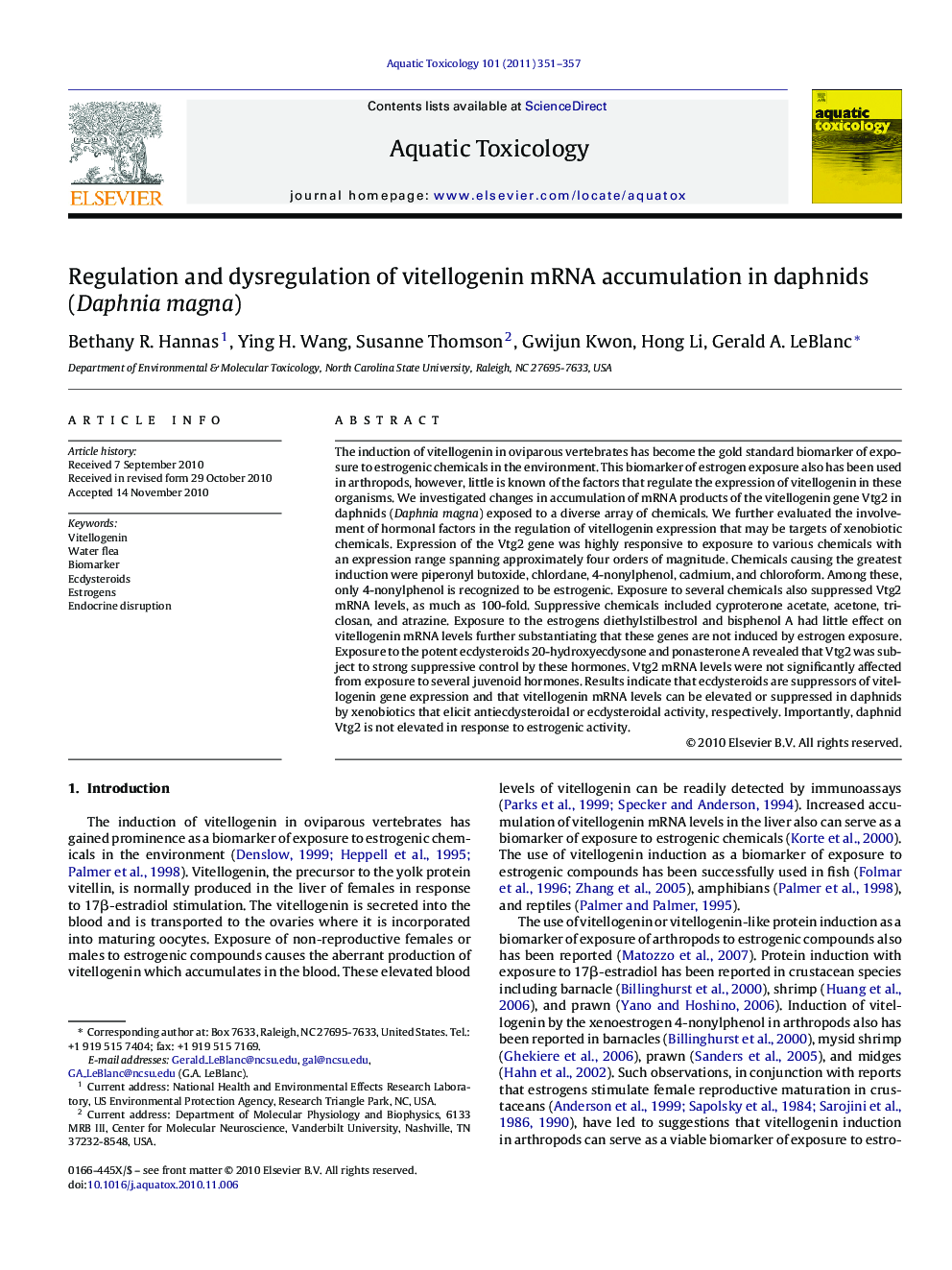 Regulation and dysregulation of vitellogenin mRNA accumulation in daphnids (Daphnia magna)
