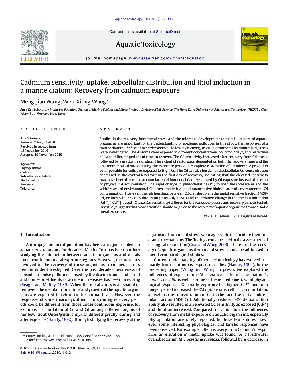 Cadmium sensitivity, uptake, subcellular distribution and thiol induction in a marine diatom: Recovery from cadmium exposure