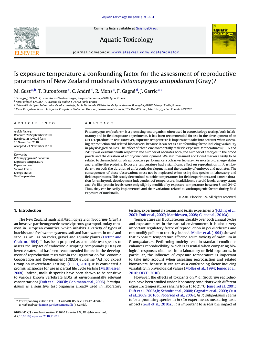 Is exposure temperature a confounding factor for the assessment of reproductive parameters of New Zealand mudsnails Potamopyrgus antipodarum (Gray)?