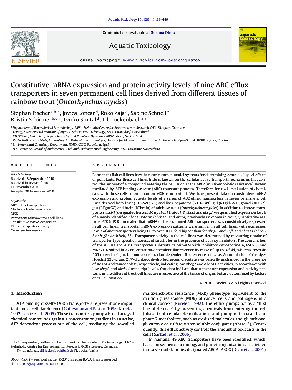 Constitutive mRNA expression and protein activity levels of nine ABC efflux transporters in seven permanent cell lines derived from different tissues of rainbow trout (Oncorhynchus mykiss)