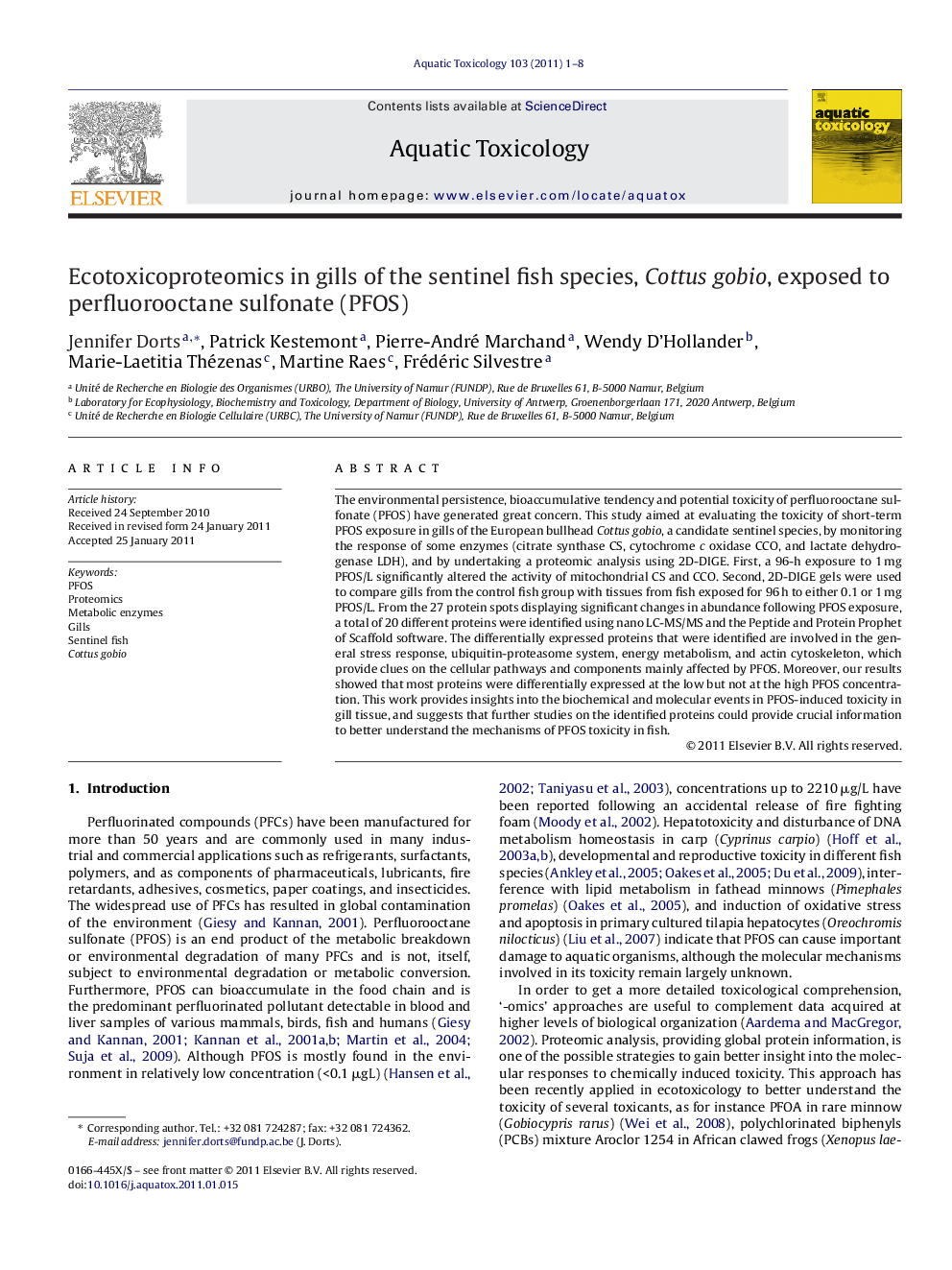 Ecotoxicoproteomics in gills of the sentinel fish species, Cottus gobio, exposed to perfluorooctane sulfonate (PFOS)