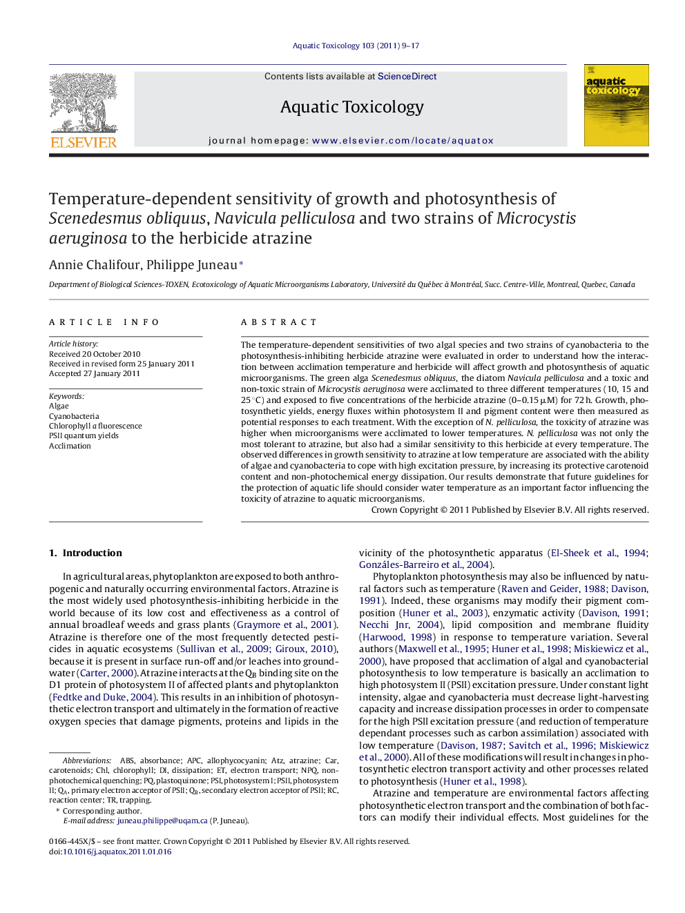 Temperature-dependent sensitivity of growth and photosynthesis of Scenedesmus obliquus, Navicula pelliculosa and two strains of Microcystis aeruginosa to the herbicide atrazine