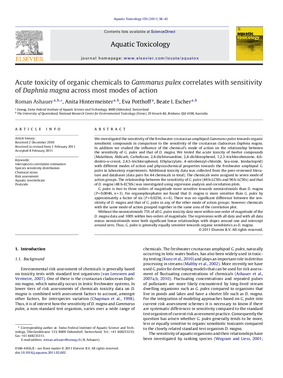 Acute toxicity of organic chemicals to Gammarus pulex correlates with sensitivity of Daphnia magna across most modes of action