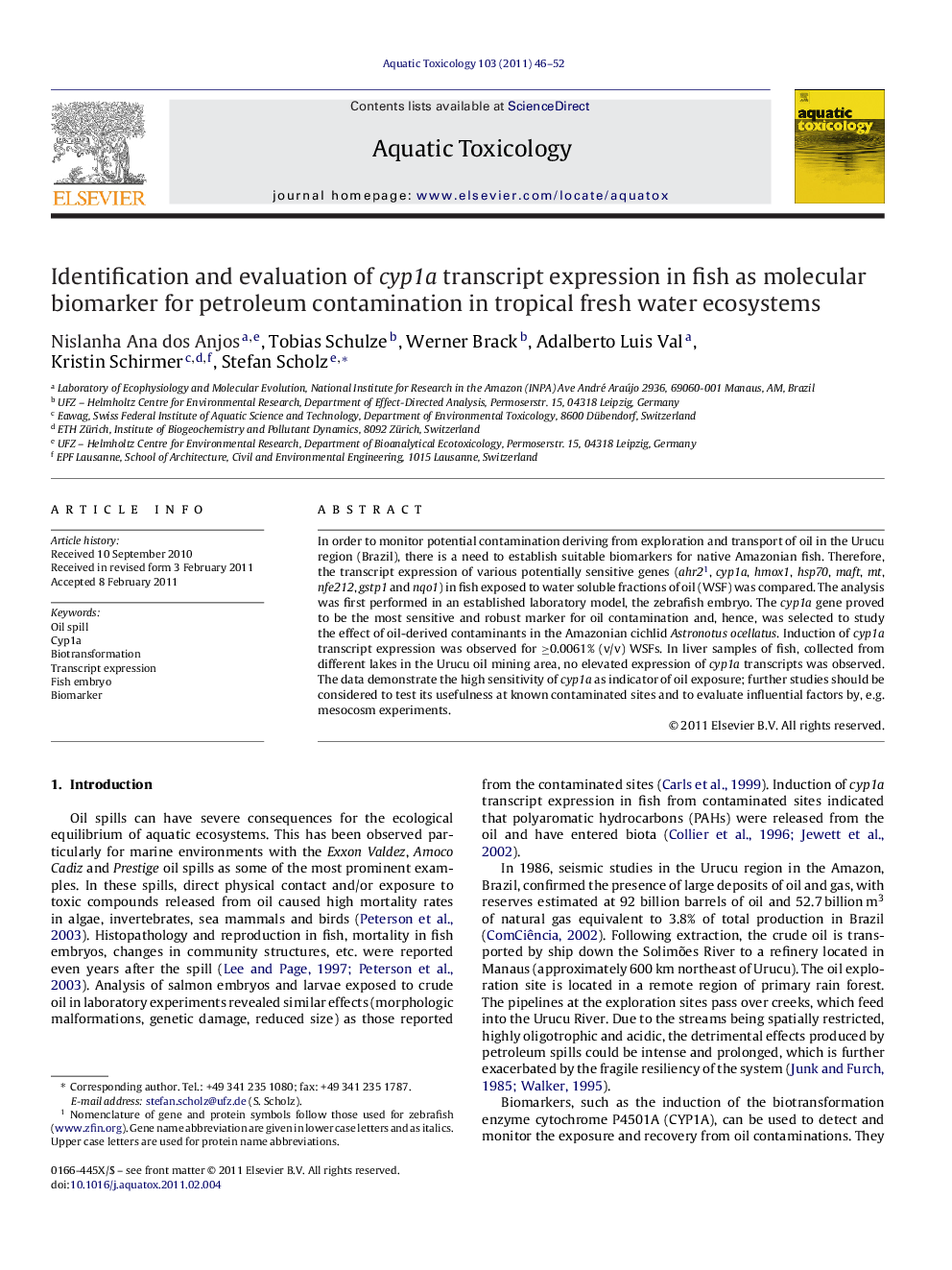 Identification and evaluation of cyp1a transcript expression in fish as molecular biomarker for petroleum contamination in tropical fresh water ecosystems