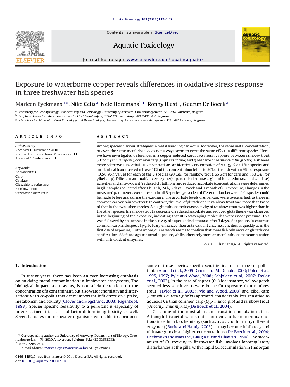 Exposure to waterborne copper reveals differences in oxidative stress response in three freshwater fish species