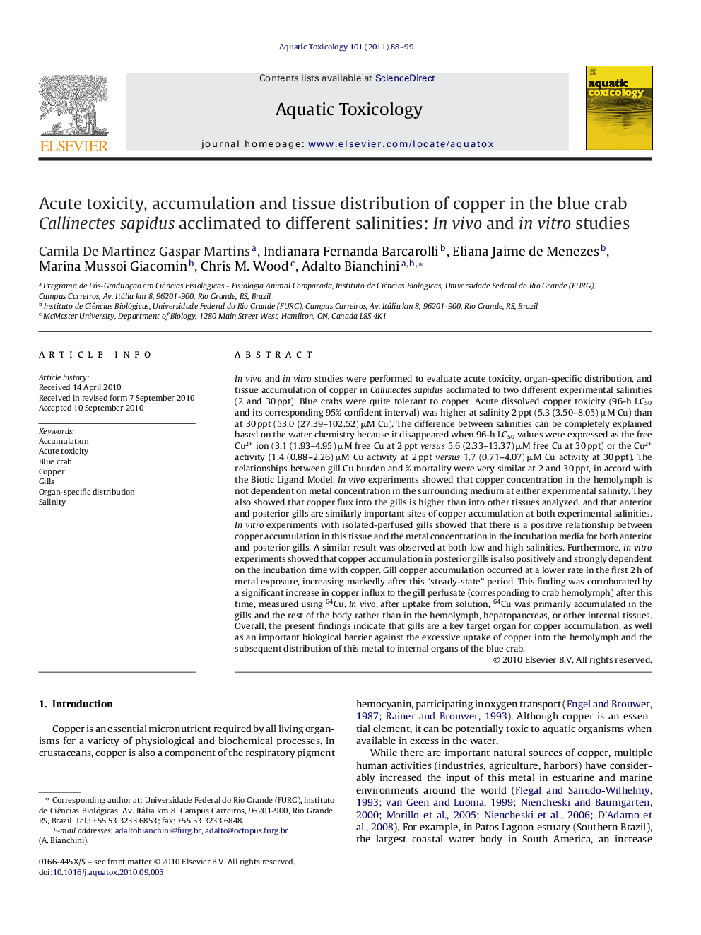 Acute toxicity, accumulation and tissue distribution of copper in the blue crab Callinectes sapidus acclimated to different salinities: In vivo and in vitro studies