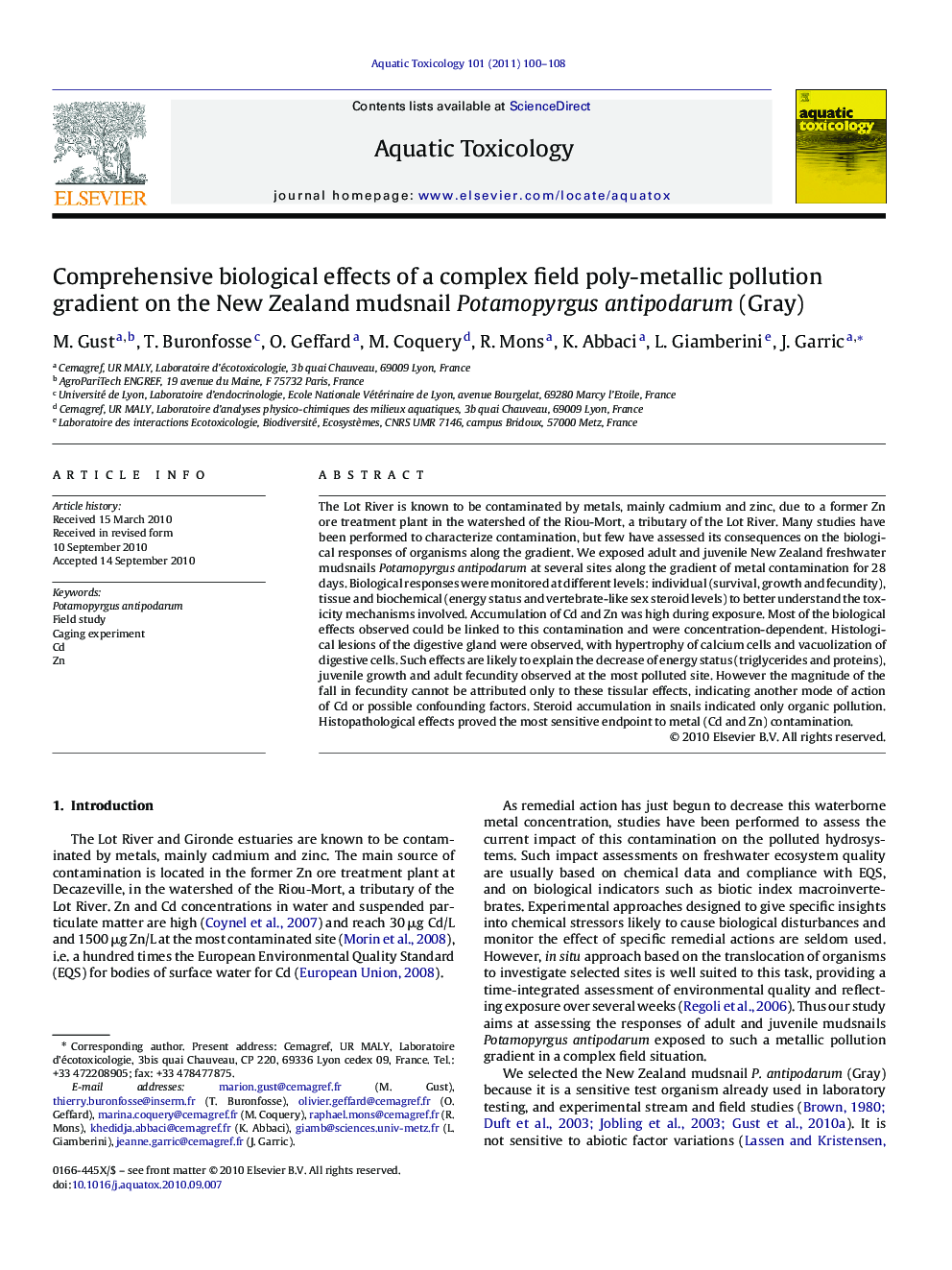 Comprehensive biological effects of a complex field poly-metallic pollution gradient on the New Zealand mudsnail Potamopyrgus antipodarum (Gray)