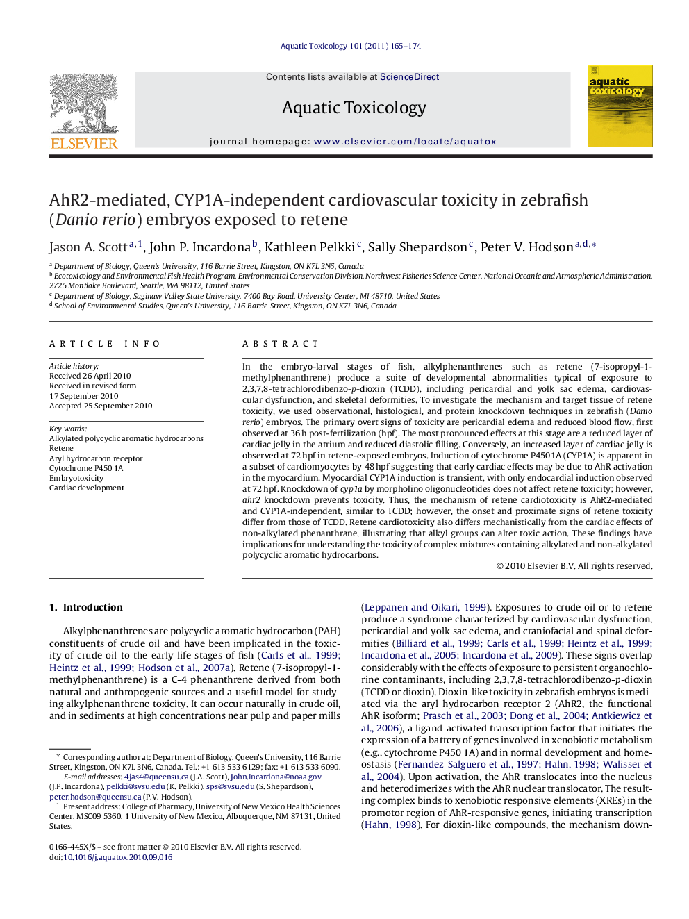 AhR2-mediated, CYP1A-independent cardiovascular toxicity in zebrafish (Danio rerio) embryos exposed to retene