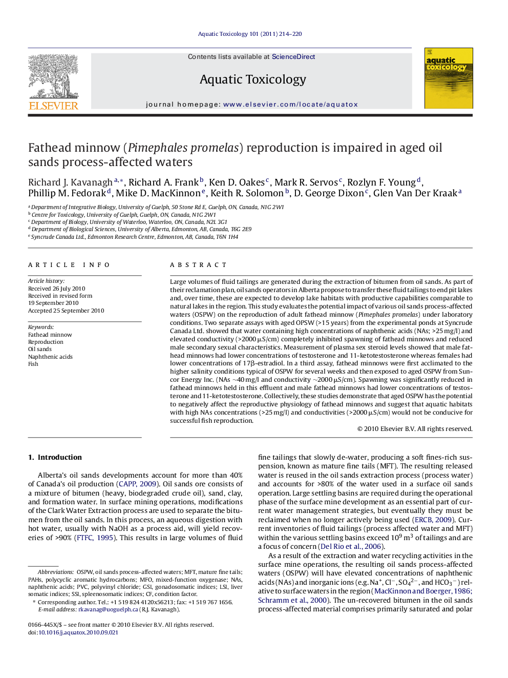 Fathead minnow (Pimephales promelas) reproduction is impaired in aged oil sands process-affected waters