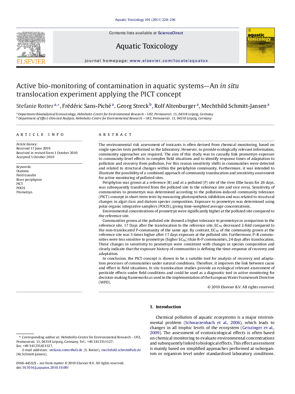 Active bio-monitoring of contamination in aquatic systems—An in situ translocation experiment applying the PICT concept