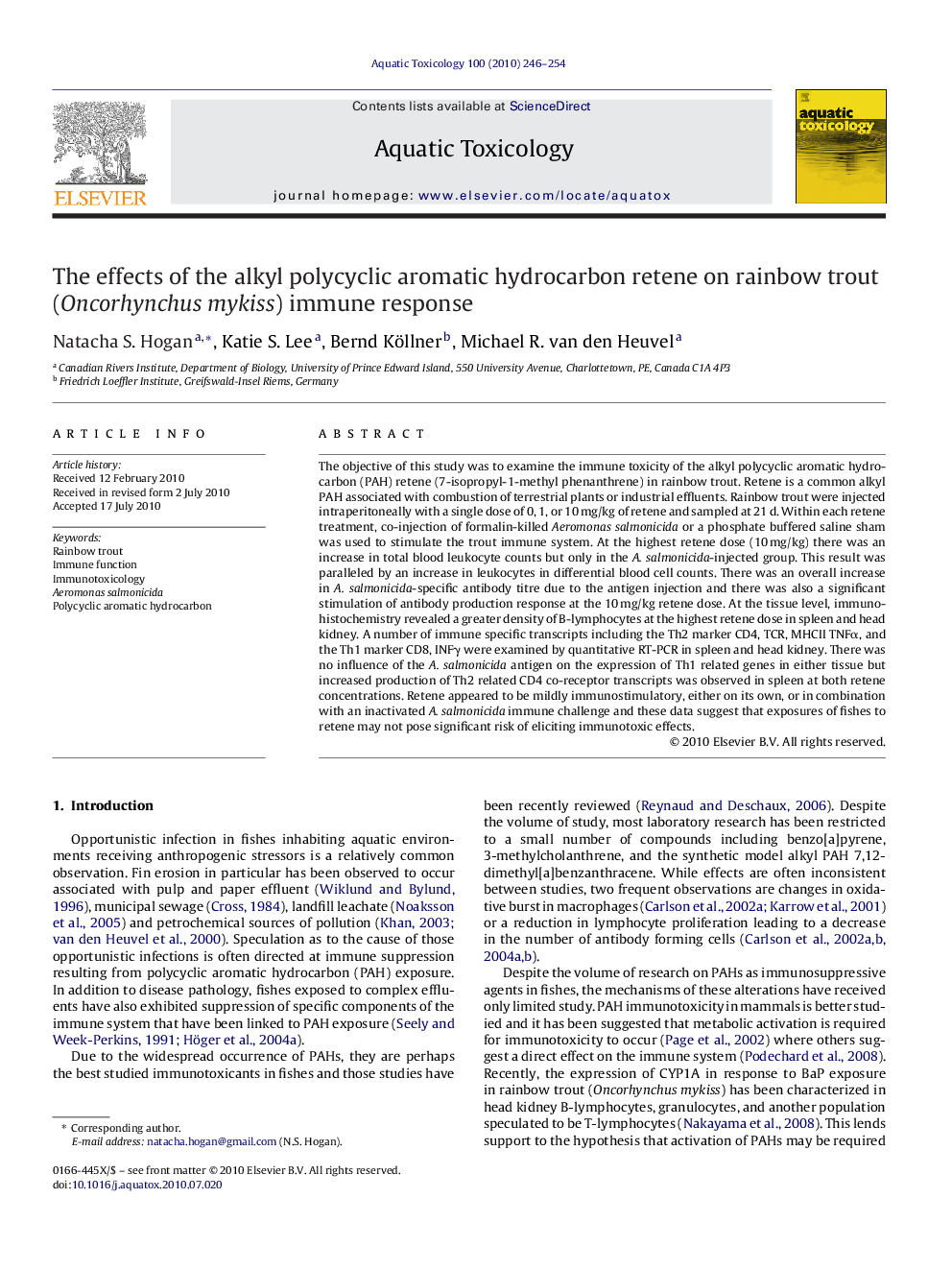 The effects of the alkyl polycyclic aromatic hydrocarbon retene on rainbow trout (Oncorhynchus mykiss) immune response