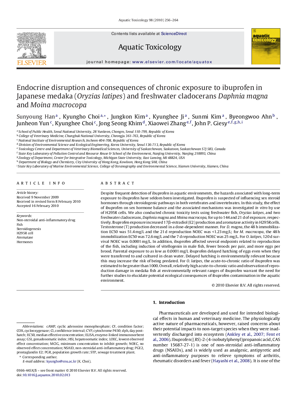 Endocrine disruption and consequences of chronic exposure to ibuprofen in Japanese medaka (Oryzias latipes) and freshwater cladocerans Daphnia magna and Moina macrocopa