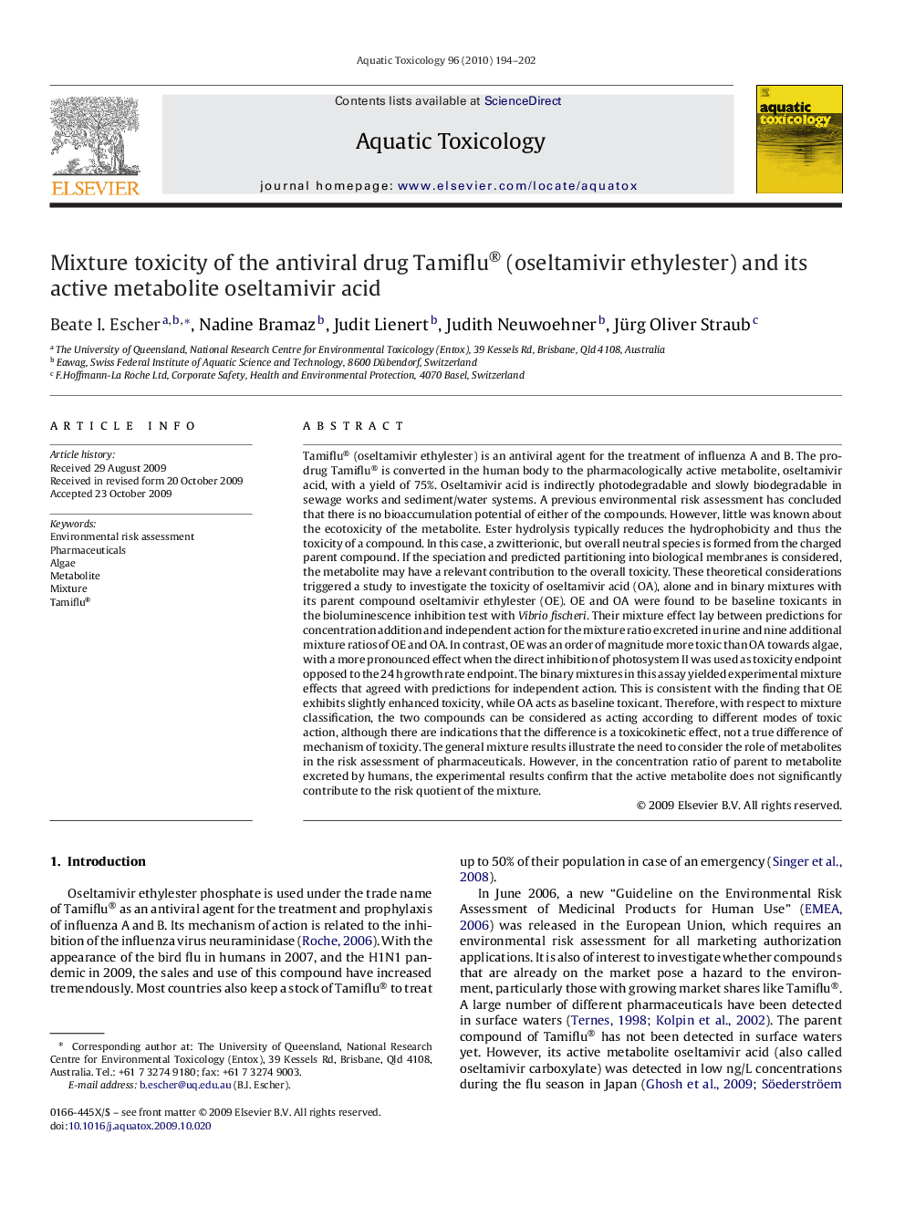 Mixture toxicity of the antiviral drug Tamiflu® (oseltamivir ethylester) and its active metabolite oseltamivir acid