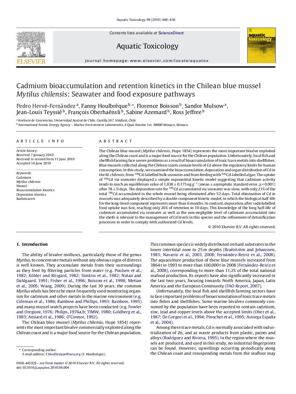 Cadmium bioaccumulation and retention kinetics in the Chilean blue mussel Mytilus chilensis: Seawater and food exposure pathways