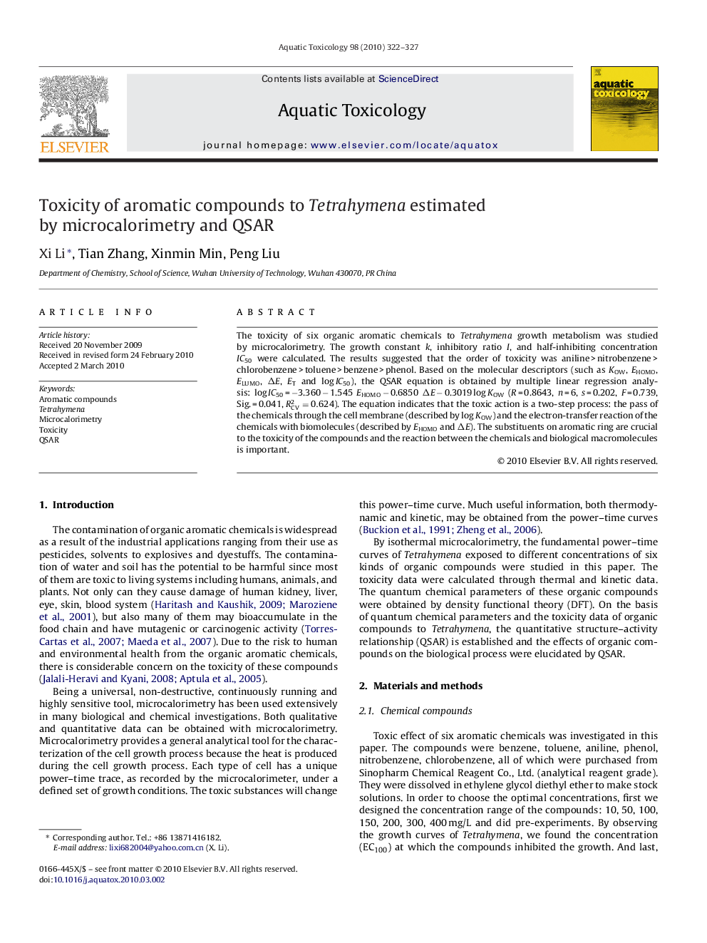 Toxicity of aromatic compounds to Tetrahymena estimated by microcalorimetry and QSAR