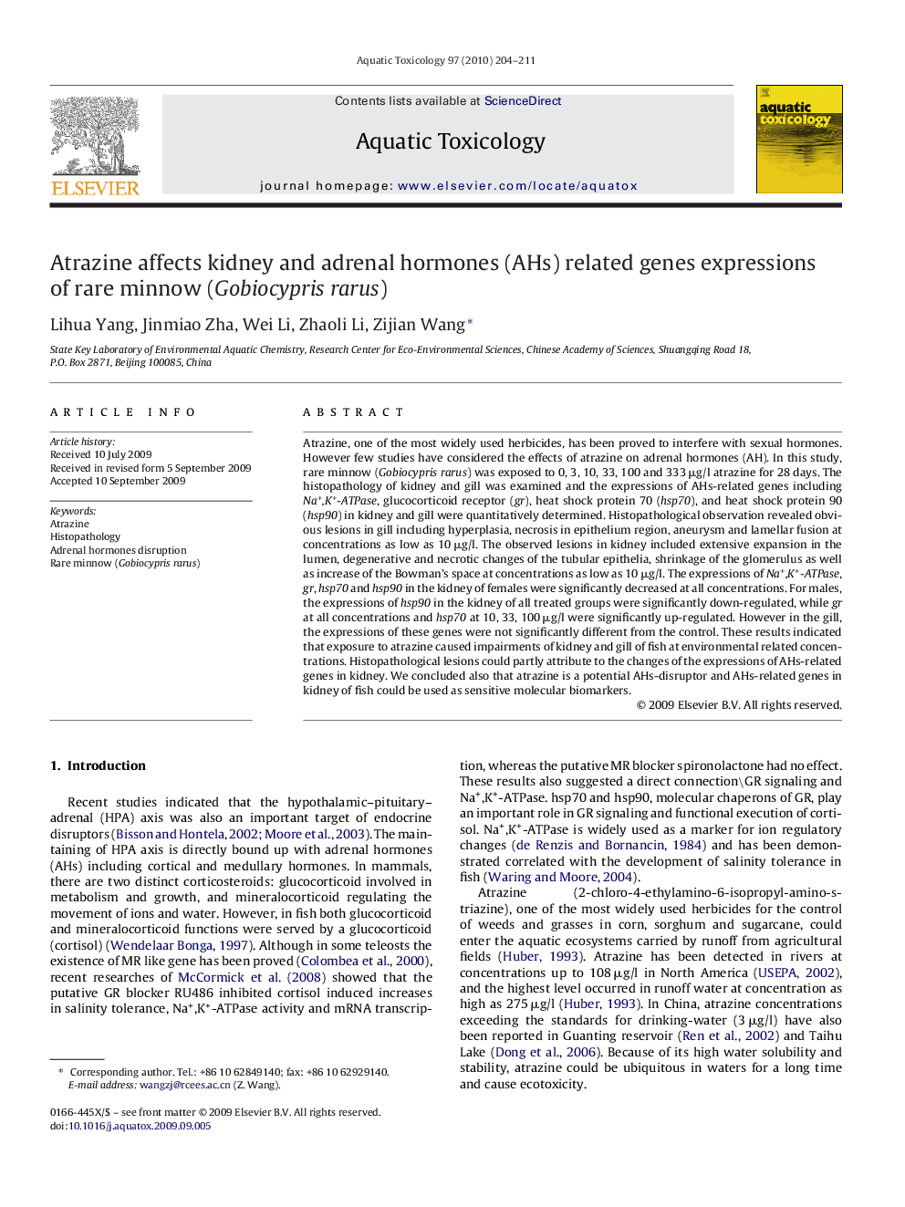 Atrazine affects kidney and adrenal hormones (AHs) related genes expressions of rare minnow (Gobiocypris rarus)