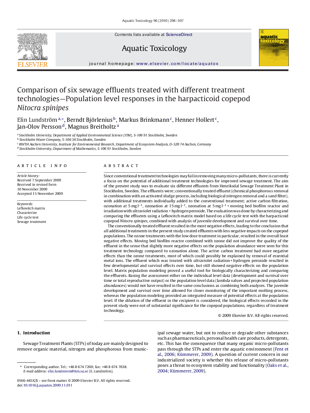 Comparison of six sewage effluents treated with different treatment technologies—Population level responses in the harpacticoid copepod Nitocra spinipes