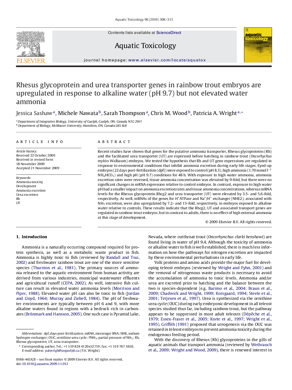 Rhesus glycoprotein and urea transporter genes in rainbow trout embryos are upregulated in response to alkaline water (pH 9.7) but not elevated water ammonia