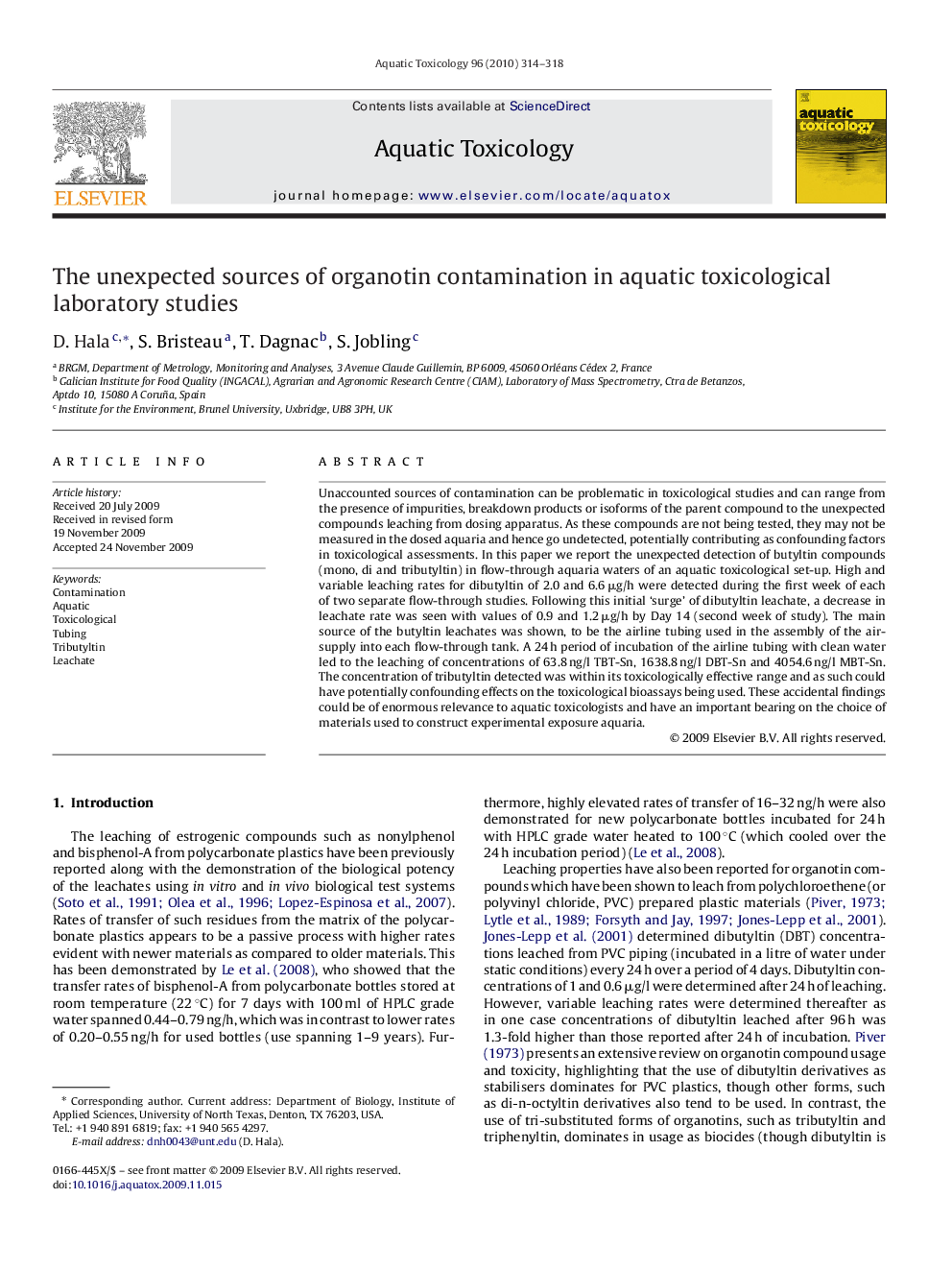 The unexpected sources of organotin contamination in aquatic toxicological laboratory studies