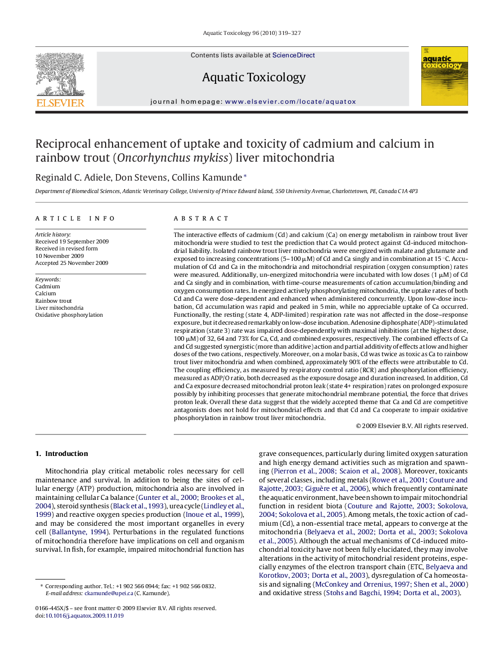 Reciprocal enhancement of uptake and toxicity of cadmium and calcium in rainbow trout (Oncorhynchus mykiss) liver mitochondria