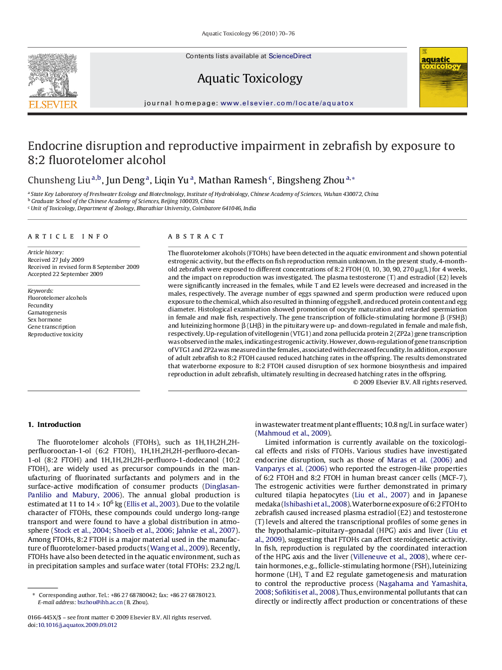 Endocrine disruption and reproductive impairment in zebrafish by exposure to 8:2 fluorotelomer alcohol