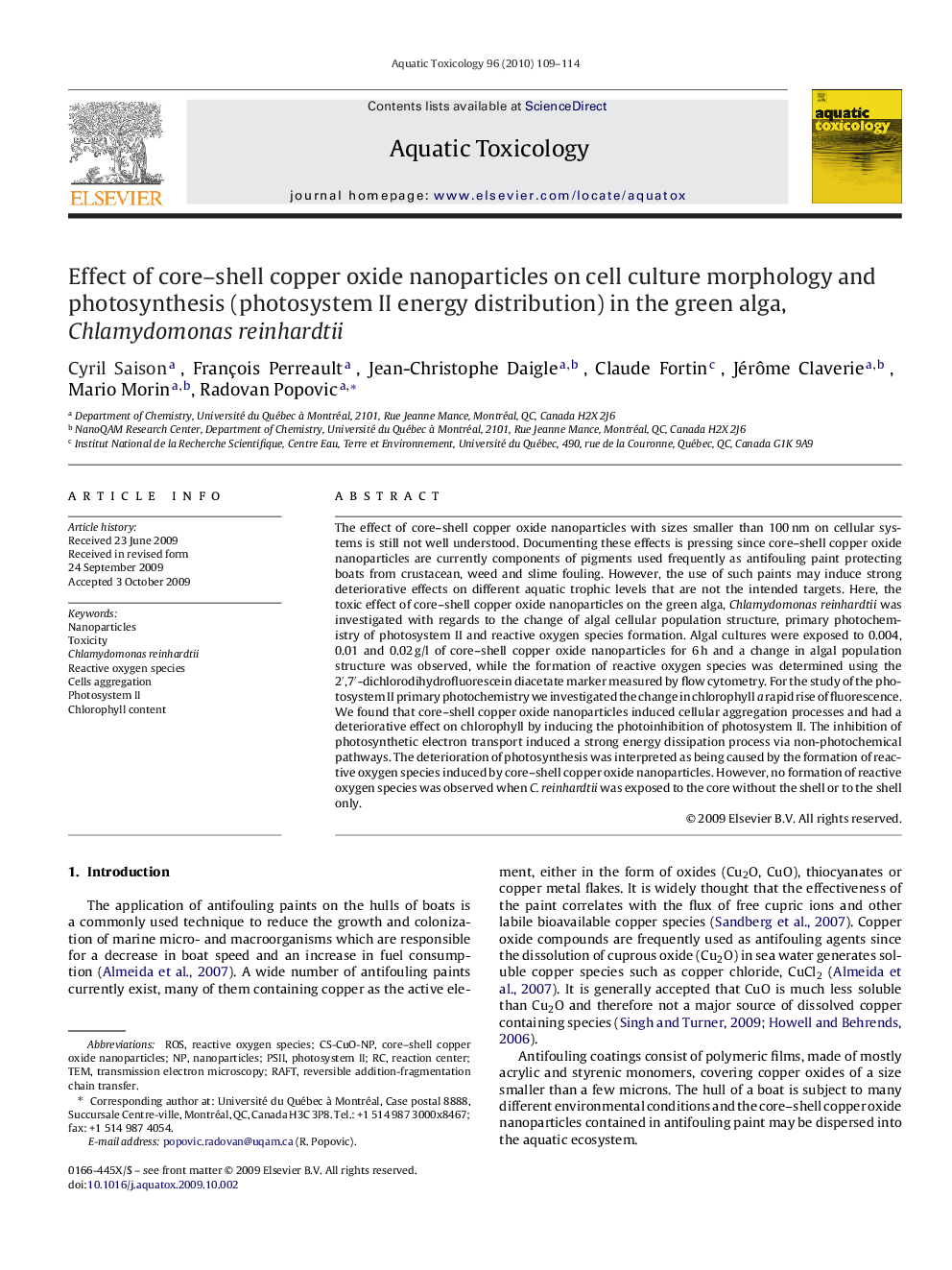 Effect of core–shell copper oxide nanoparticles on cell culture morphology and photosynthesis (photosystem II energy distribution) in the green alga, Chlamydomonas reinhardtii