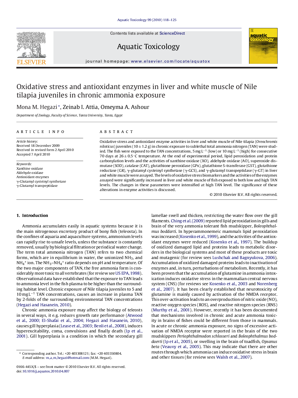 Oxidative stress and antioxidant enzymes in liver and white muscle of Nile tilapia juveniles in chronic ammonia exposure