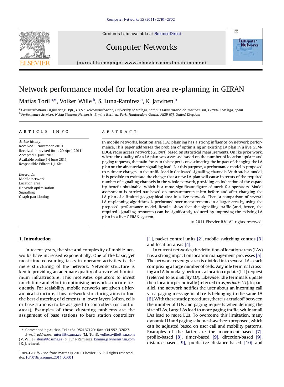 Network performance model for location area re-planning in GERAN