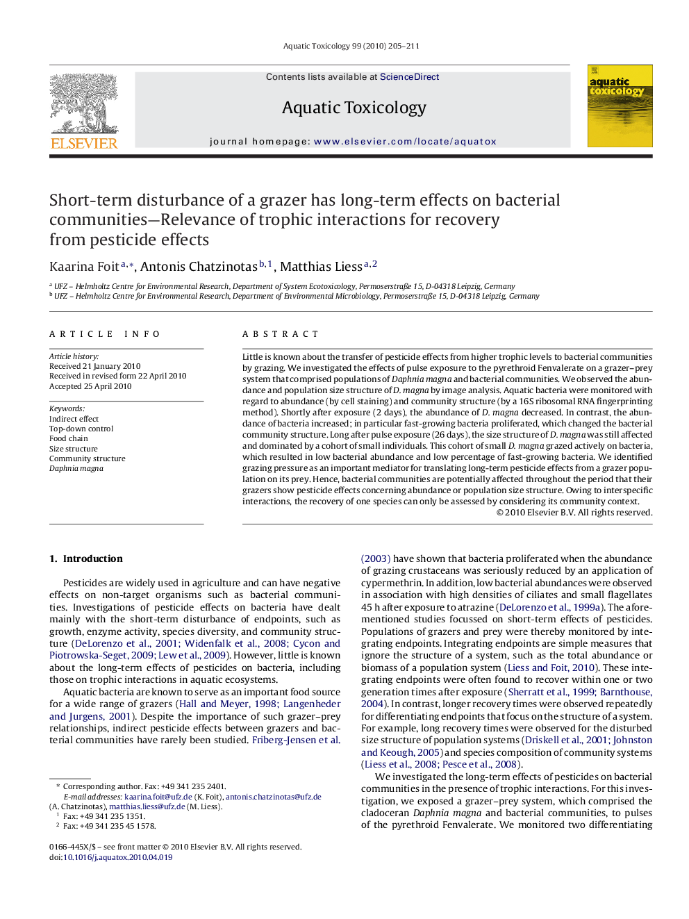 Short-term disturbance of a grazer has long-term effects on bacterial communities—Relevance of trophic interactions for recovery from pesticide effects