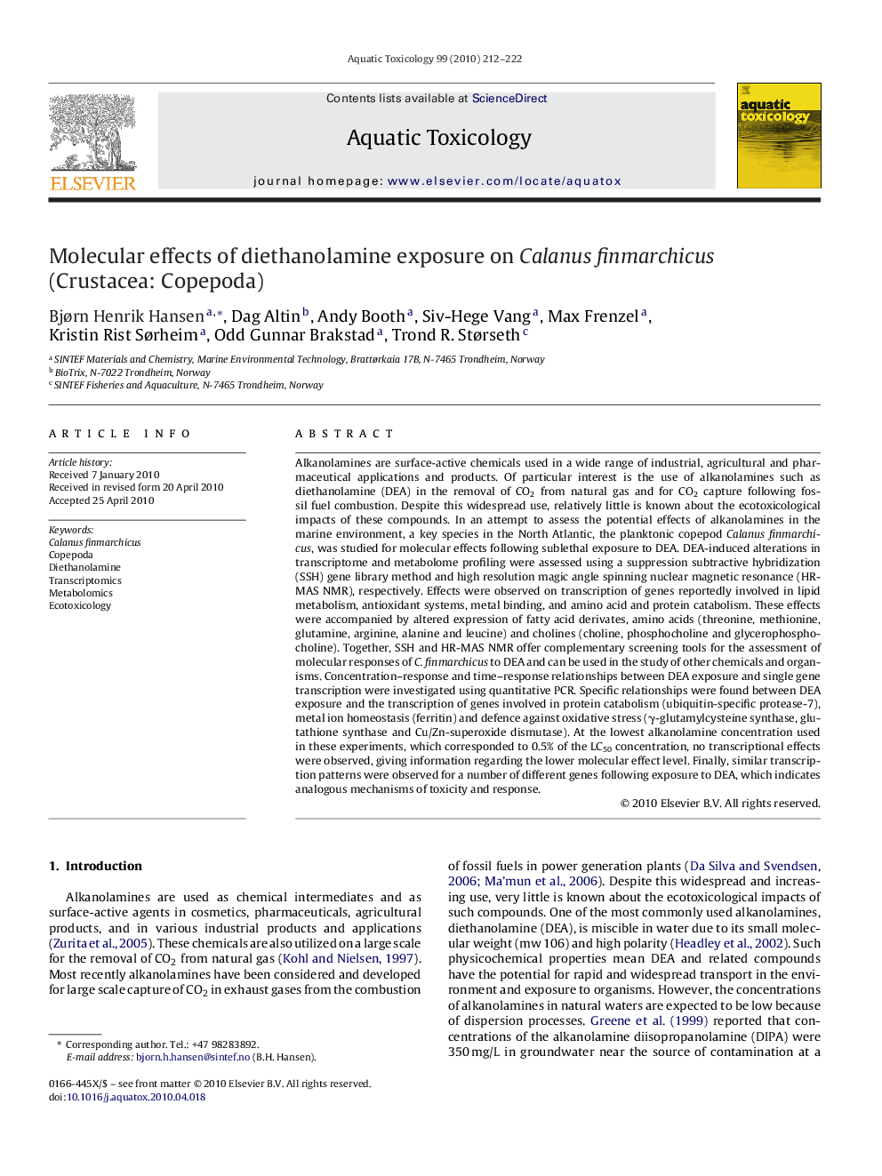 Molecular effects of diethanolamine exposure on Calanus finmarchicus (Crustacea: Copepoda)