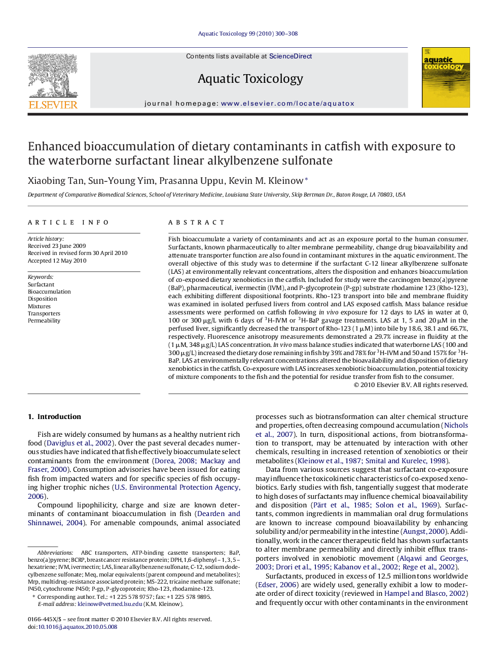 Enhanced bioaccumulation of dietary contaminants in catfish with exposure to the waterborne surfactant linear alkylbenzene sulfonate