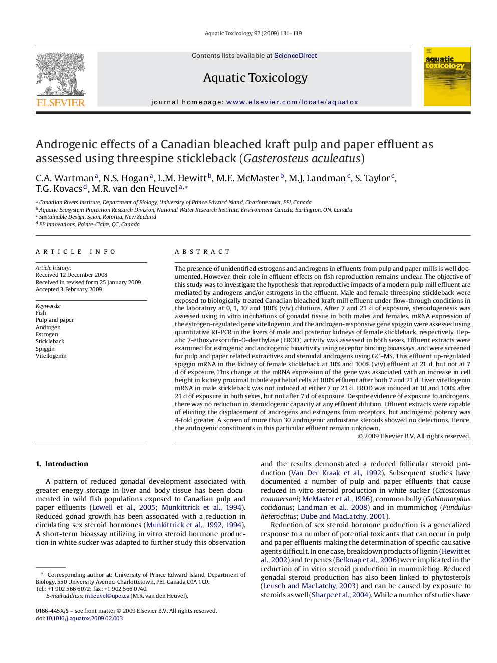 Androgenic effects of a Canadian bleached kraft pulp and paper effluent as assessed using threespine stickleback (Gasterosteus aculeatus)