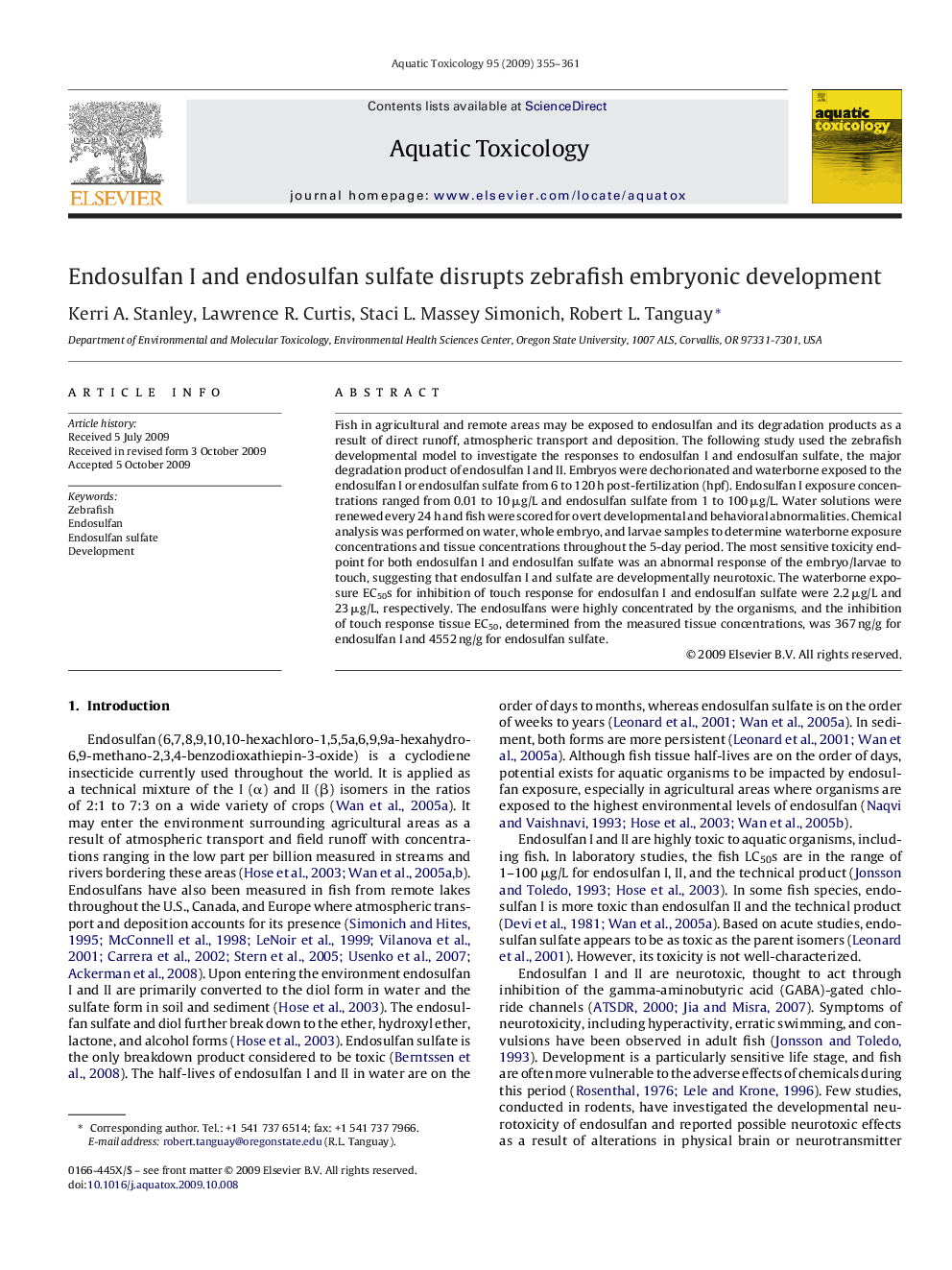 Endosulfan I and endosulfan sulfate disrupts zebrafish embryonic development