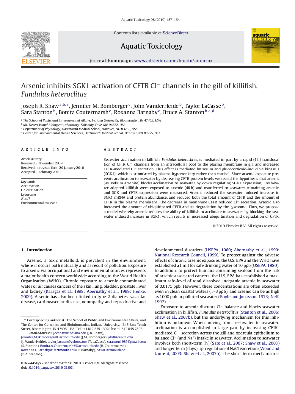 Arsenic inhibits SGK1 activation of CFTR Cl− channels in the gill of killifish, Fundulus heteroclitus