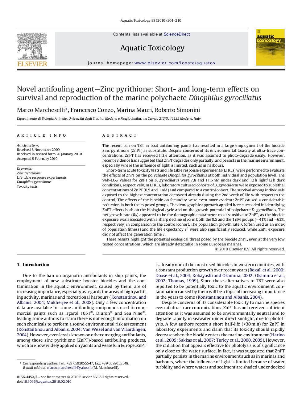 Novel antifouling agent—Zinc pyrithione: Short- and long-term effects on survival and reproduction of the marine polychaete Dinophilus gyrociliatus