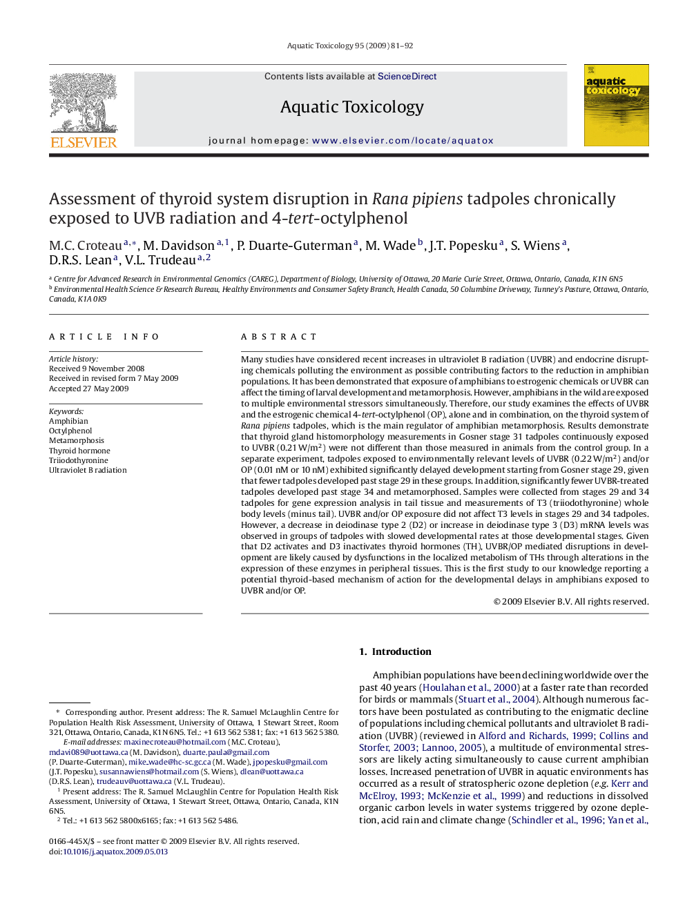 Assessment of thyroid system disruption in Rana pipiens tadpoles chronically exposed to UVB radiation and 4-tert-octylphenol