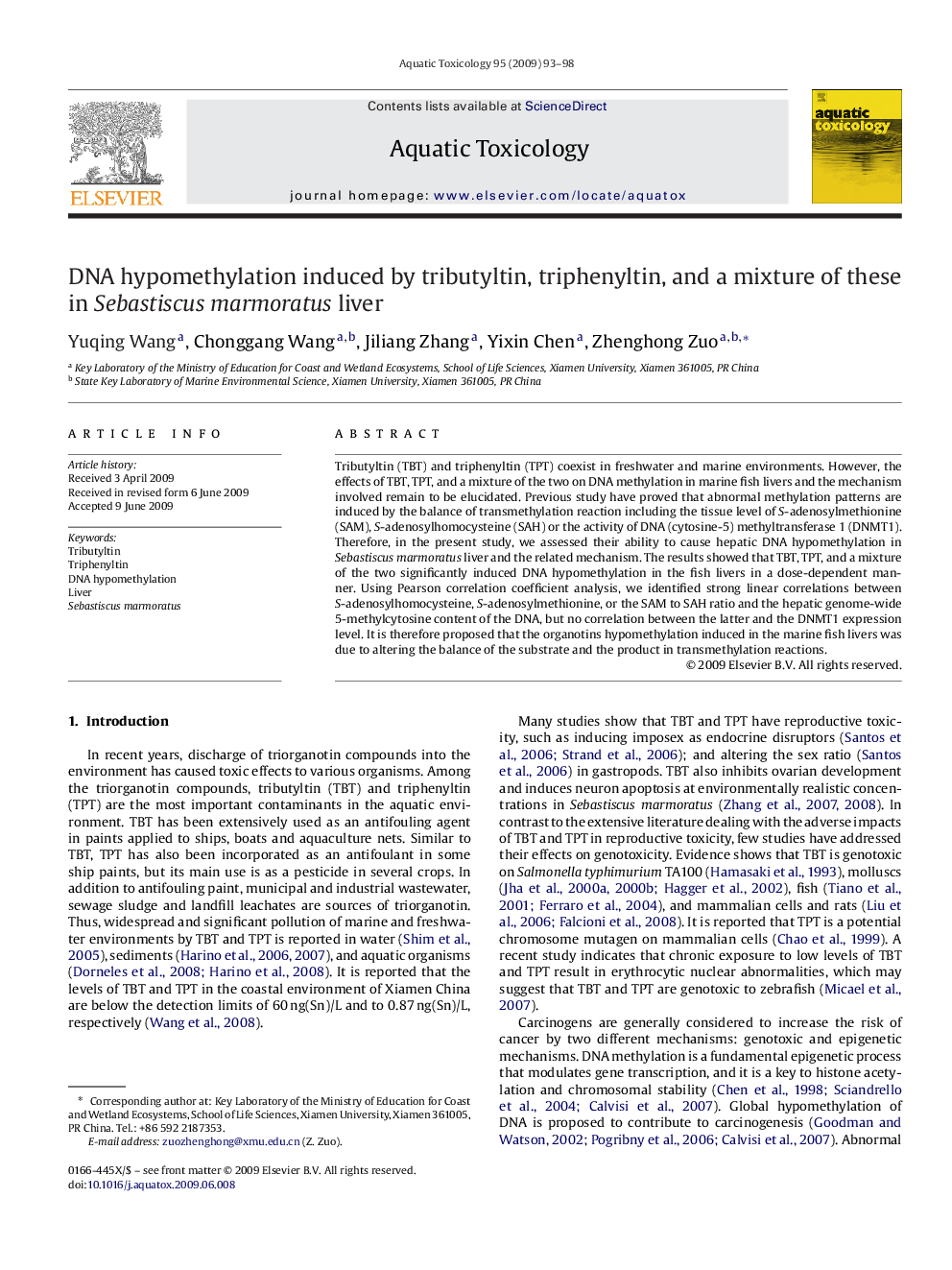 DNA hypomethylation induced by tributyltin, triphenyltin, and a mixture of these in Sebastiscus marmoratus liver