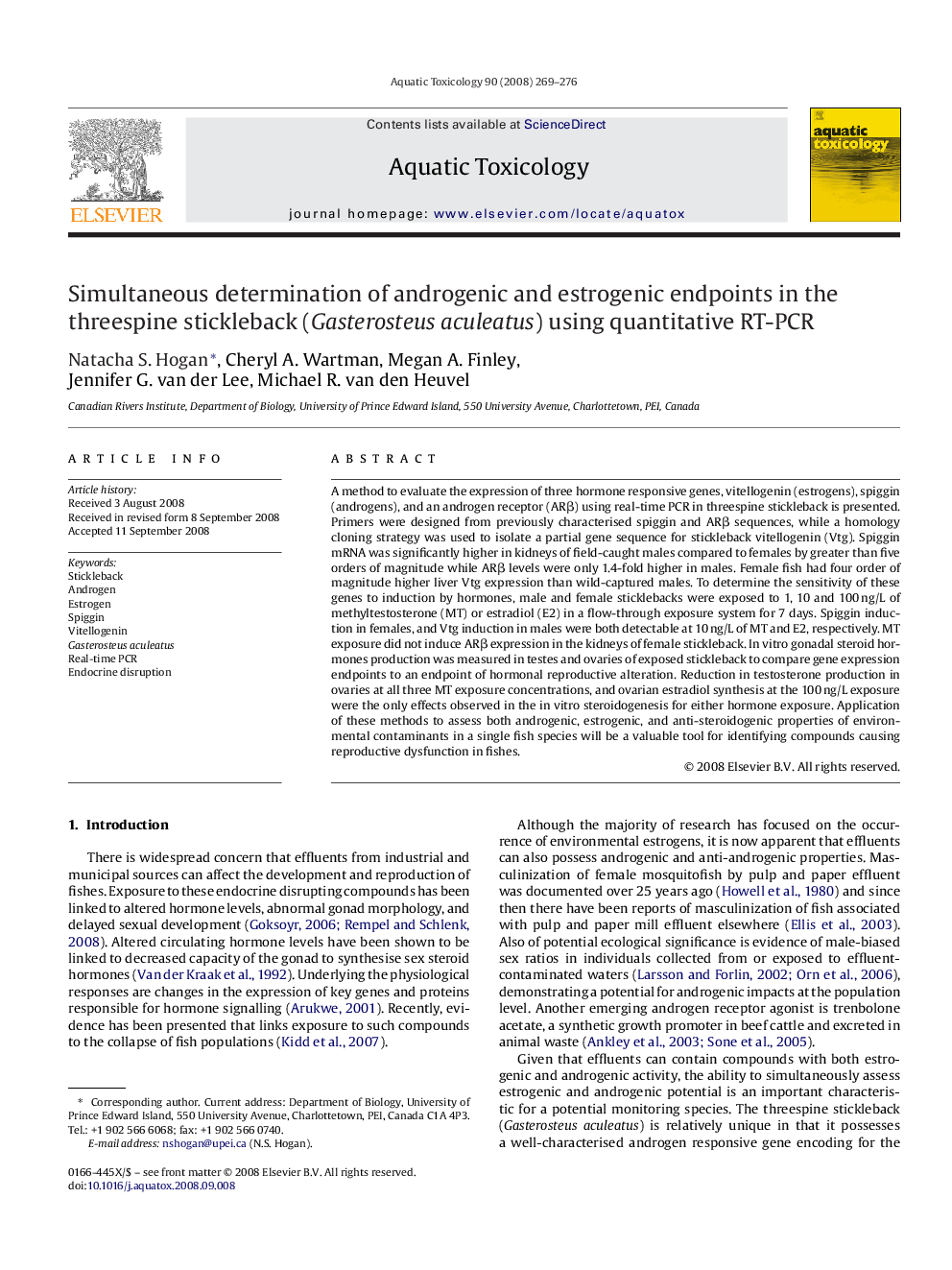 Simultaneous determination of androgenic and estrogenic endpoints in the threespine stickleback (Gasterosteus aculeatus) using quantitative RT-PCR