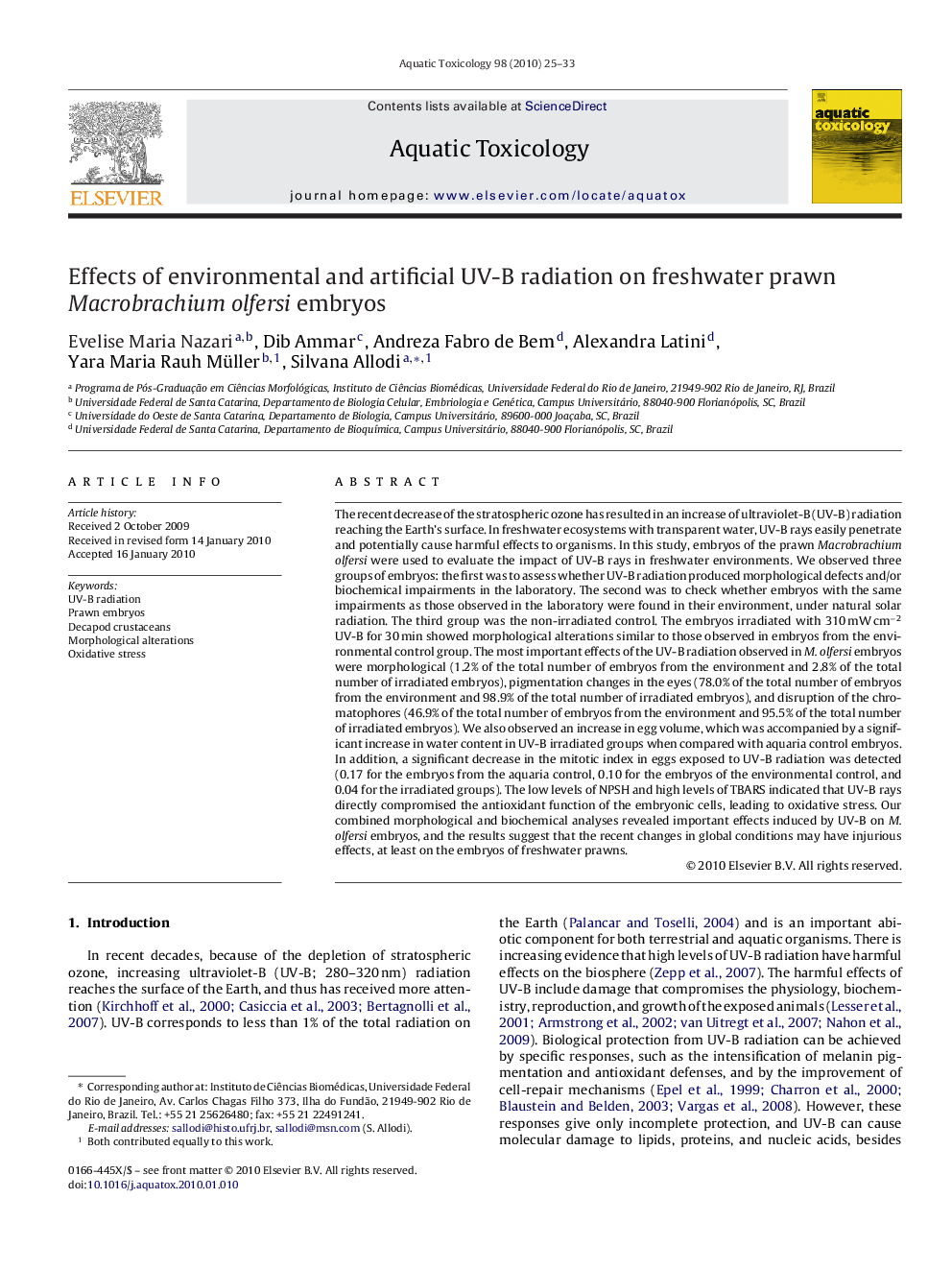 Effects of environmental and artificial UV-B radiation on freshwater prawn Macrobrachium olfersi embryos