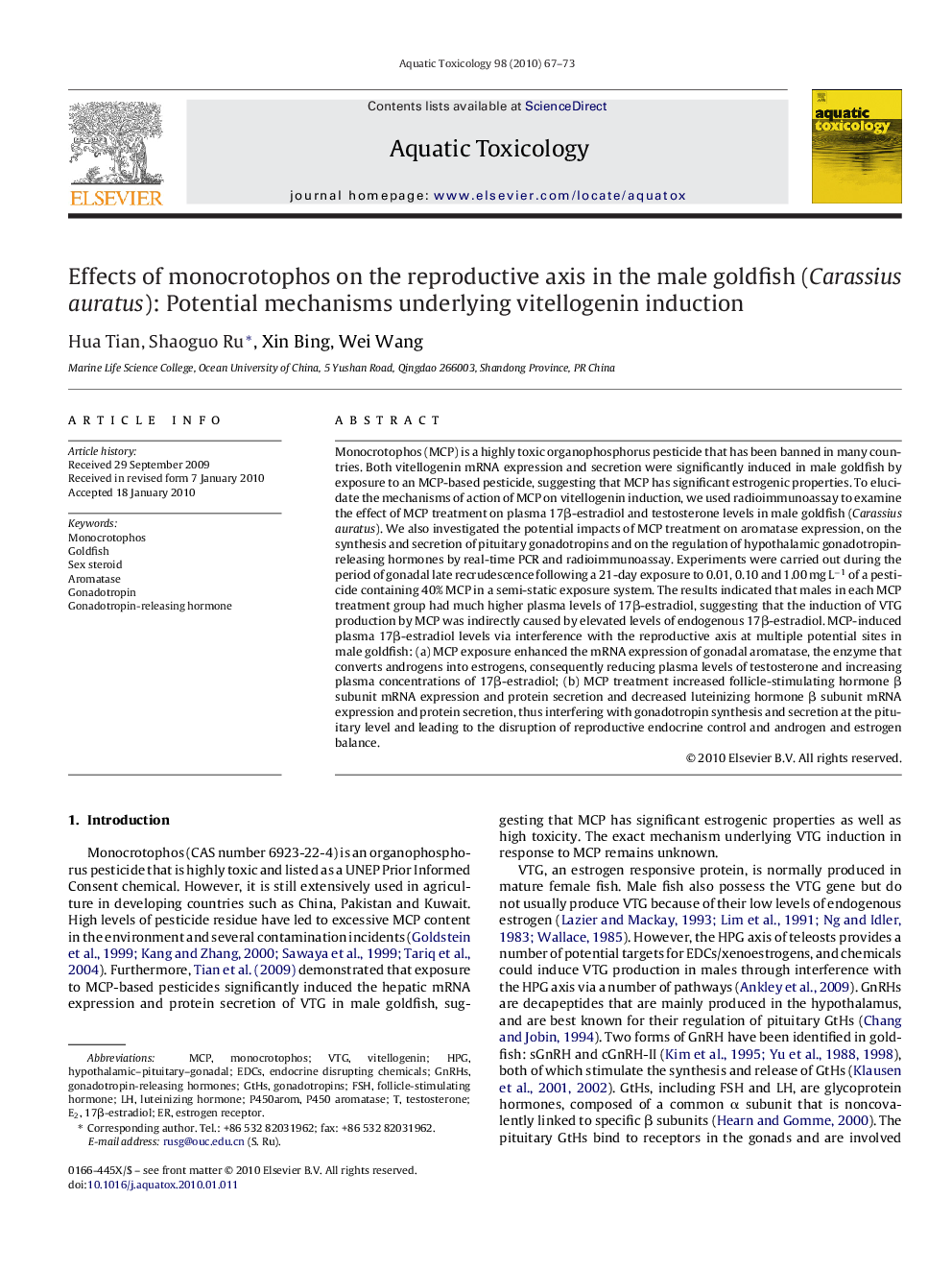 عکس صفحه اول مقاله: Effects of monocrotophos on the reproductive axis in the male goldfish (Carassius auratus): Potential mechanisms underlying vitellogenin induction Effects of monocrotophos on the reproductive axis in the male goldfish (Carassius auratus): Potential mechanisms underlying vitellogenin induction