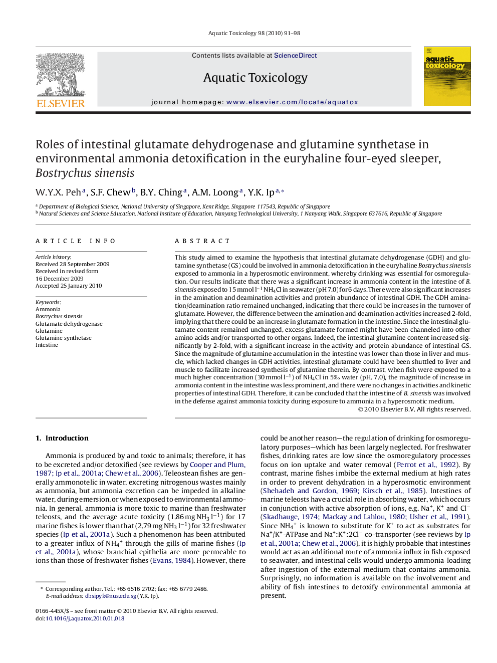 Roles of intestinal glutamate dehydrogenase and glutamine synthetase in environmental ammonia detoxification in the euryhaline four-eyed sleeper, Bostrychus sinensis