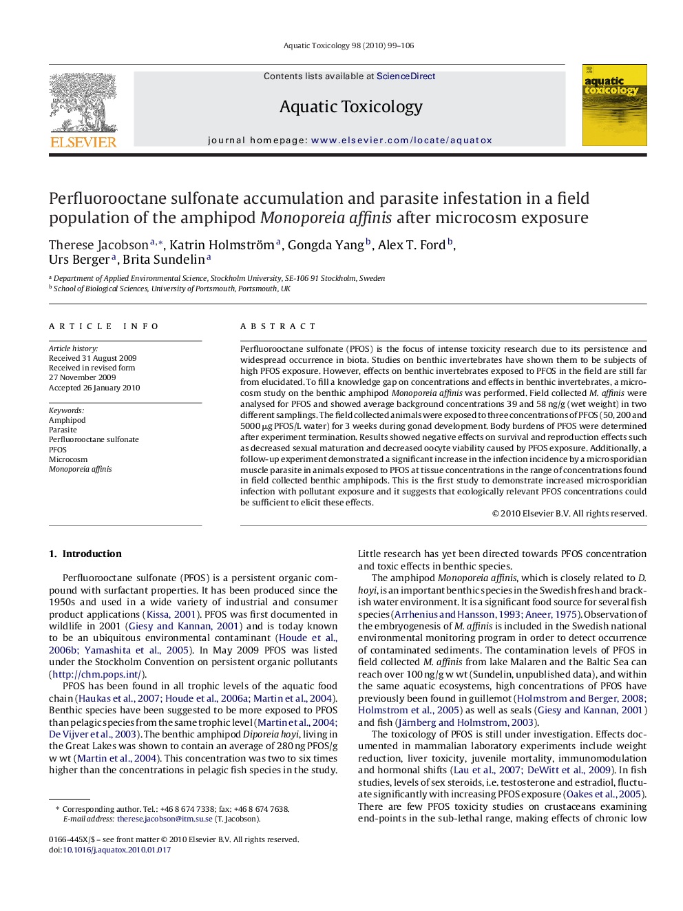 Perfluorooctane sulfonate accumulation and parasite infestation in a field population of the amphipod Monoporeia affinis after microcosm exposure