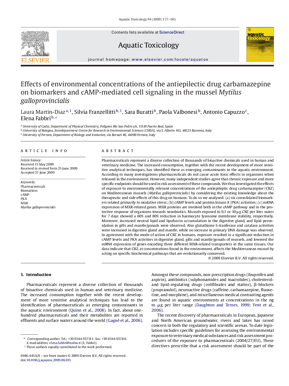 Effects of environmental concentrations of the antiepilectic drug carbamazepine on biomarkers and cAMP-mediated cell signaling in the mussel Mytilus galloprovincialis